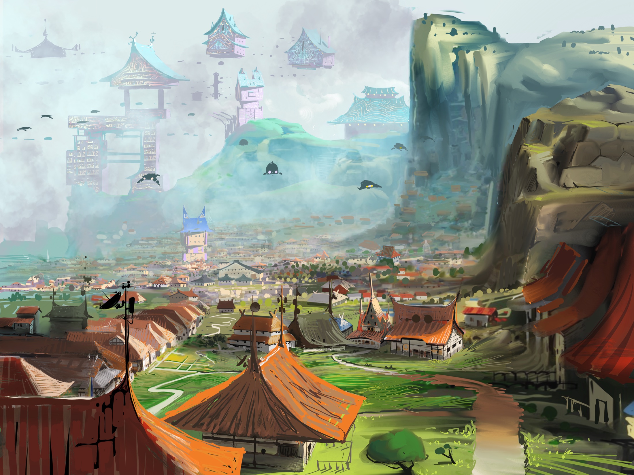 A floating city environment from The Ninth Arc