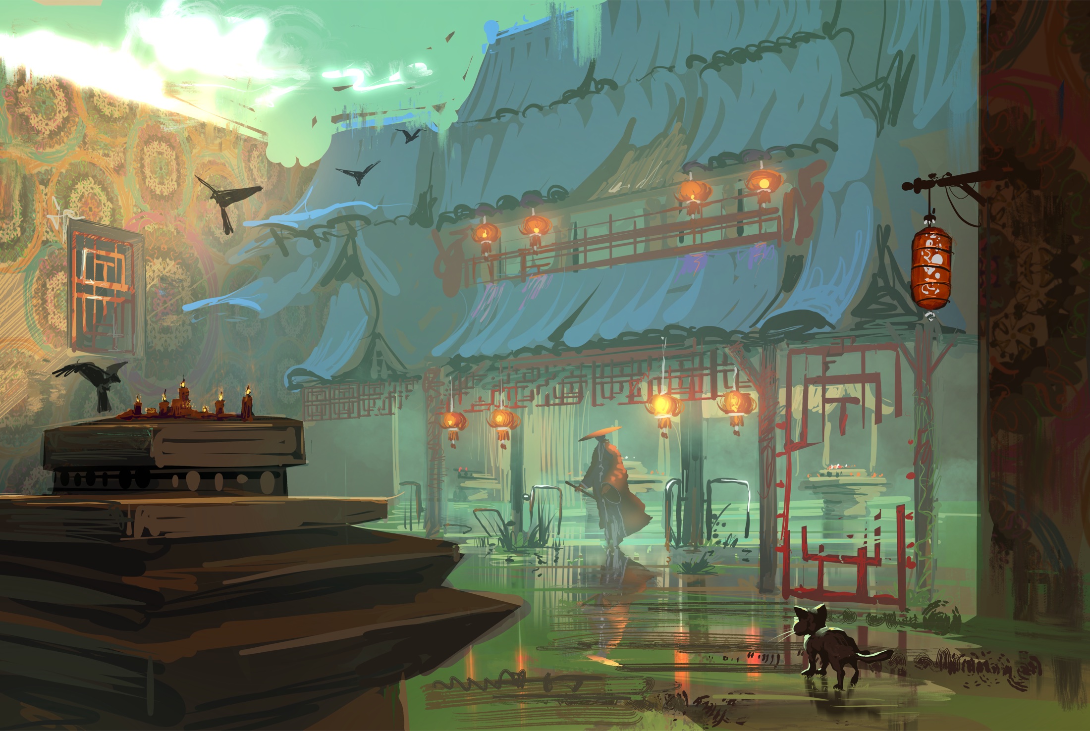 A lantern-lit temple environment from The Ninth Arc